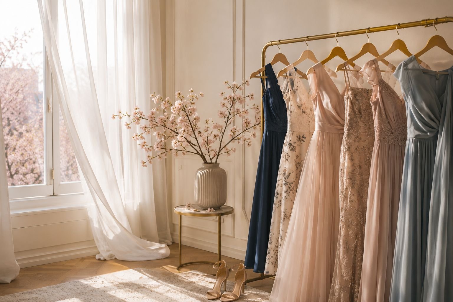 A rail of occasion dresses beside a sunlit window, with cherry blossom branches in a vase