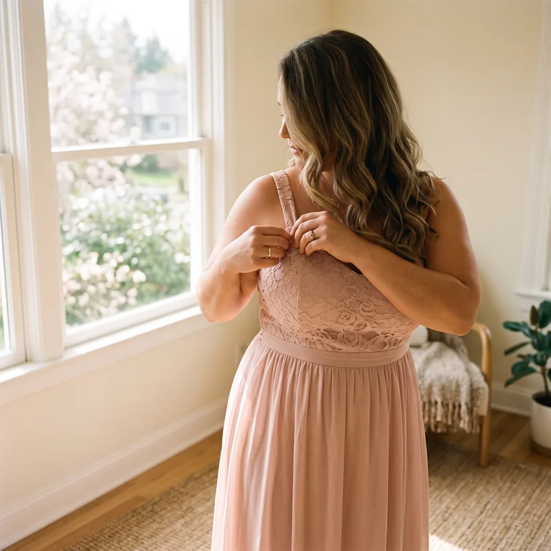 A woman adjusting the strap of a blush occasion dress by a window