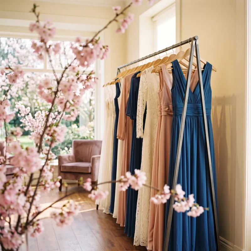 A rail of dresses in ivory, blush and deep blue behind a blossom branch