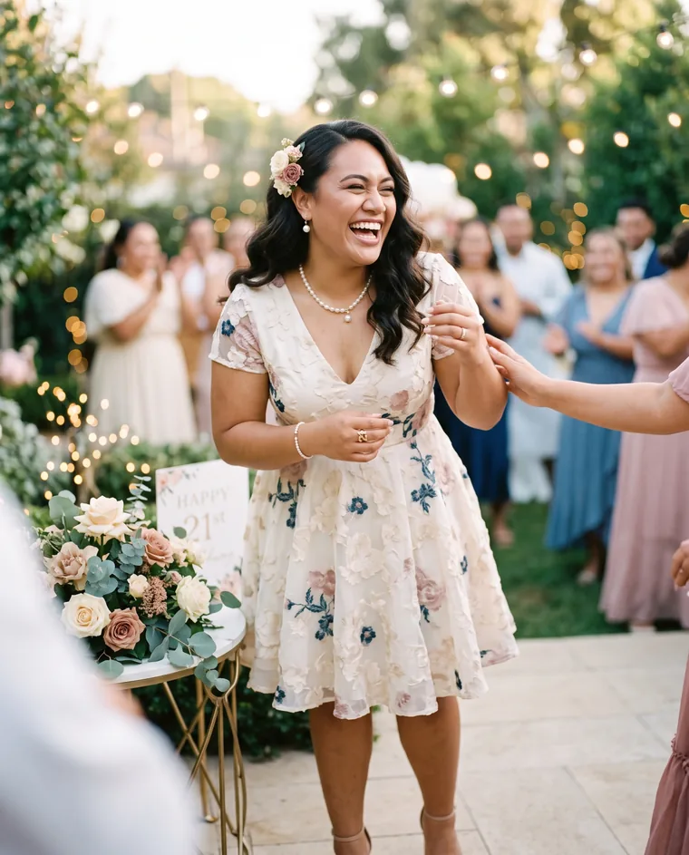 A woman laughing at a twenty-first birthday celebration