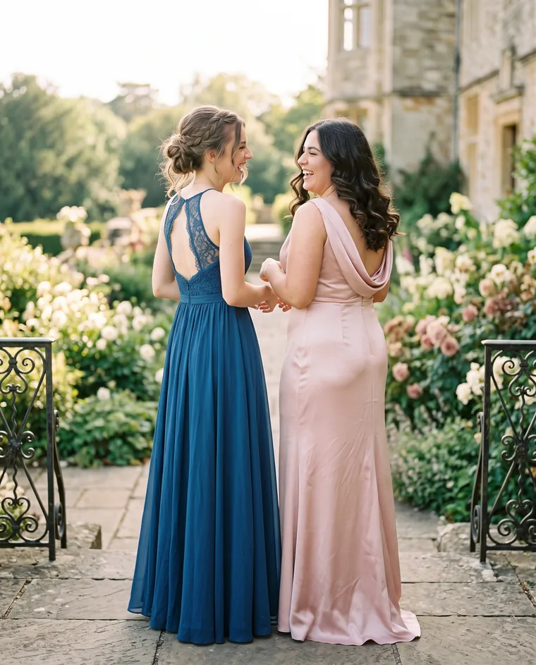 Two friends in long formal dresses before a school ball