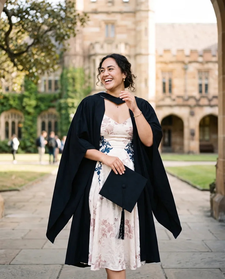 A graduate laughing in a cocktail dress under her graduation gown