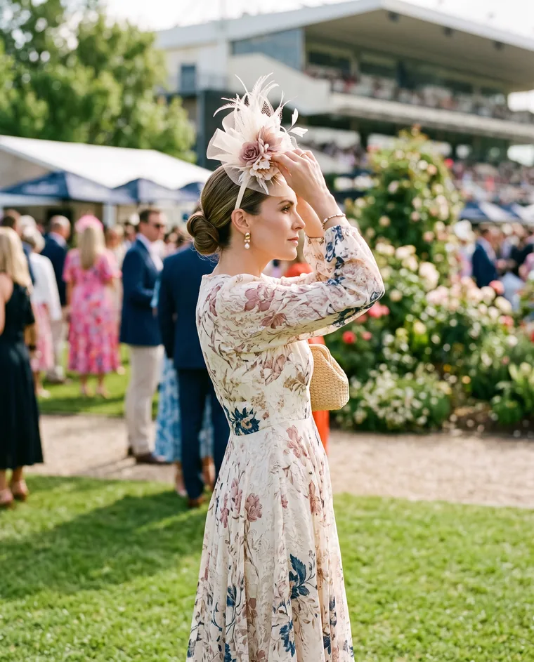 A woman in a midi dress and fascinator at a spring race day