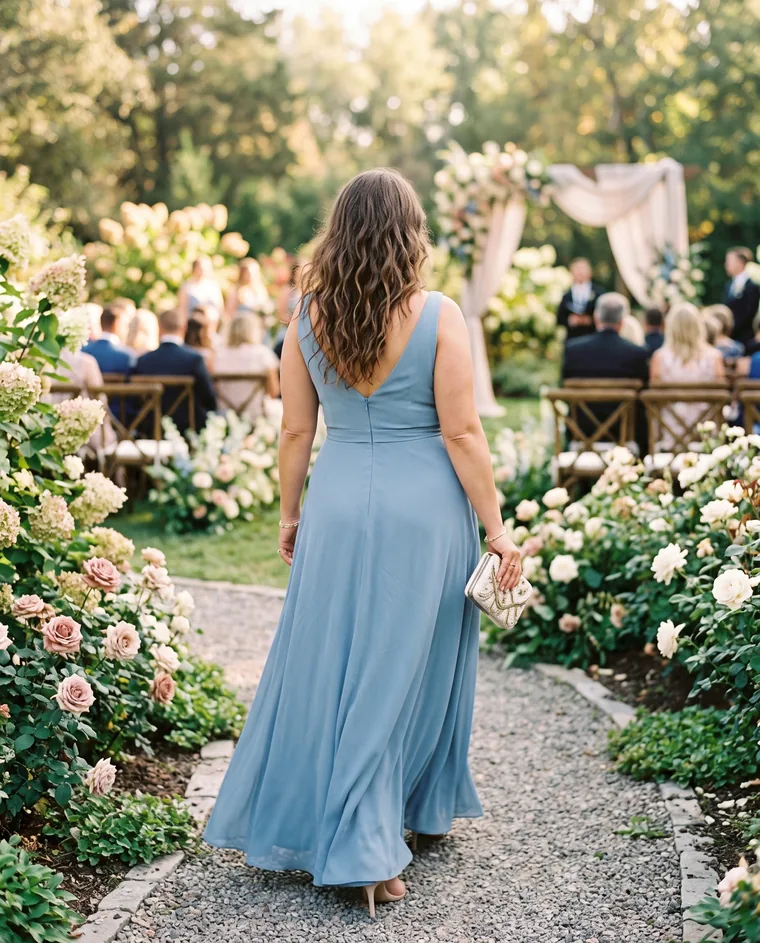 A guest in a long blue dress walking towards a garden wedding