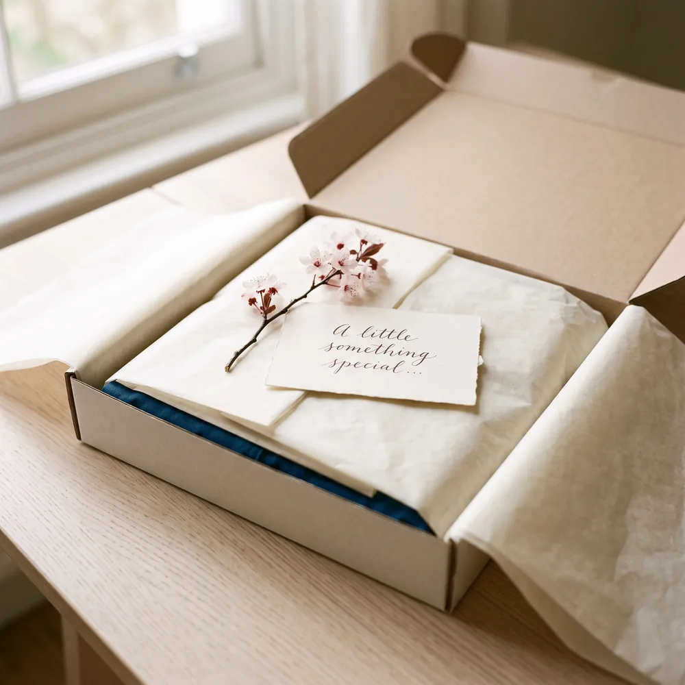 A dress folded in ivory tissue inside an open parcel, with a handwritten card and a blossom sprig
