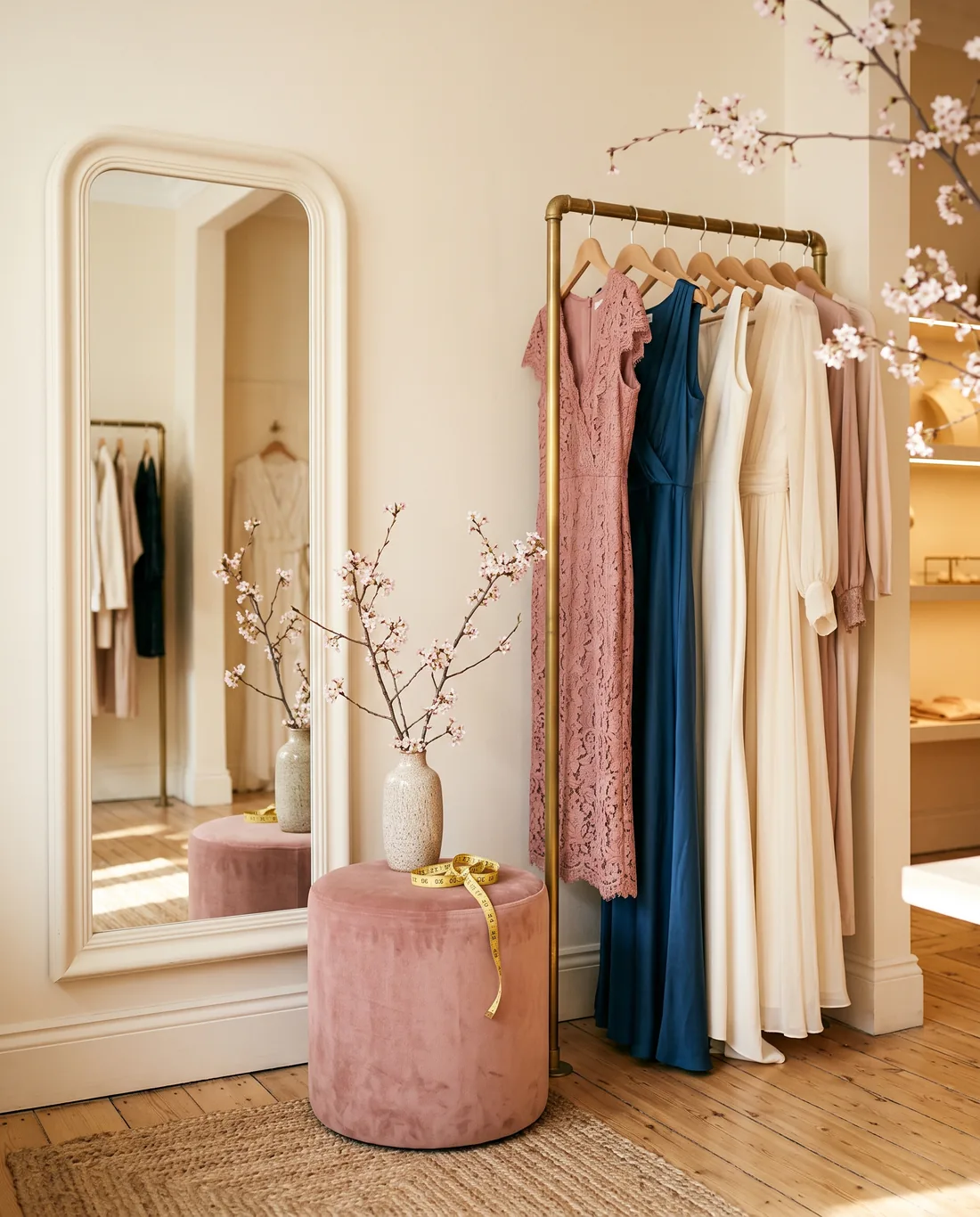 A private fitting corner with a full-length mirror, a velvet stool and a rail of dresses
